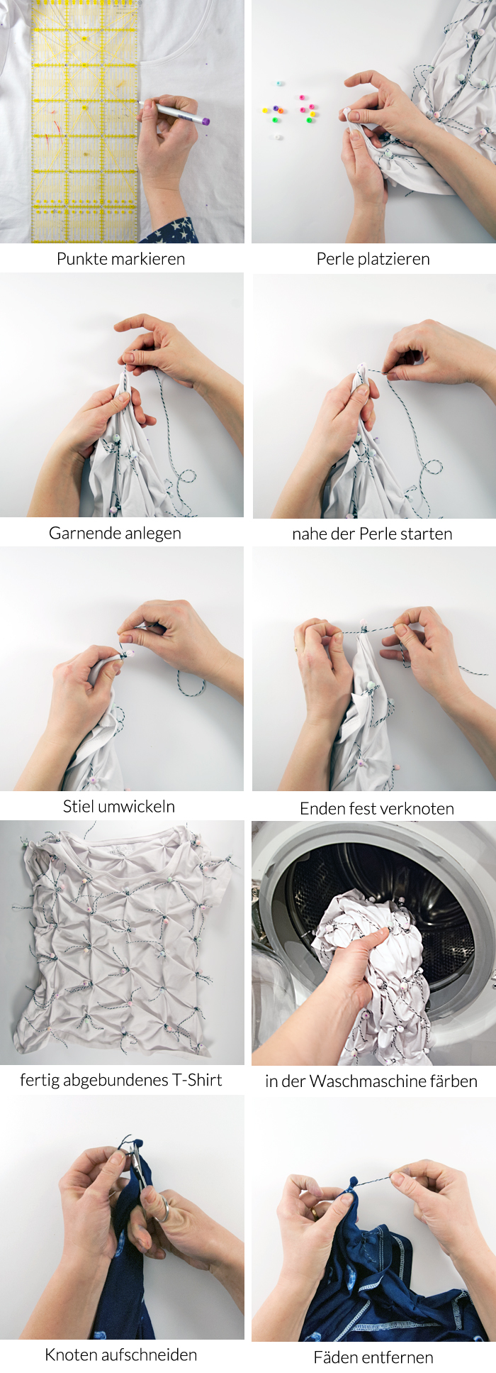 Anleitung: Mit dieser einfachen Shibori-Technik, kannst du dein Lieblingsshirt sogar in der Waschmaschine färben! Ein DIY Tutorial von johannarundel.de