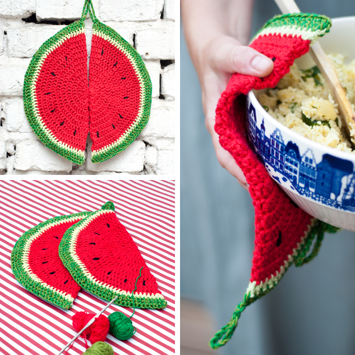 Fruchtig-frische Sommermaschen. Häkle dies super einfachen, anfängerfreundlichen Topflappen in Melonen-Form. Als Geschenk oder zum selbst behalten. Ein DIY von johannarundel.de