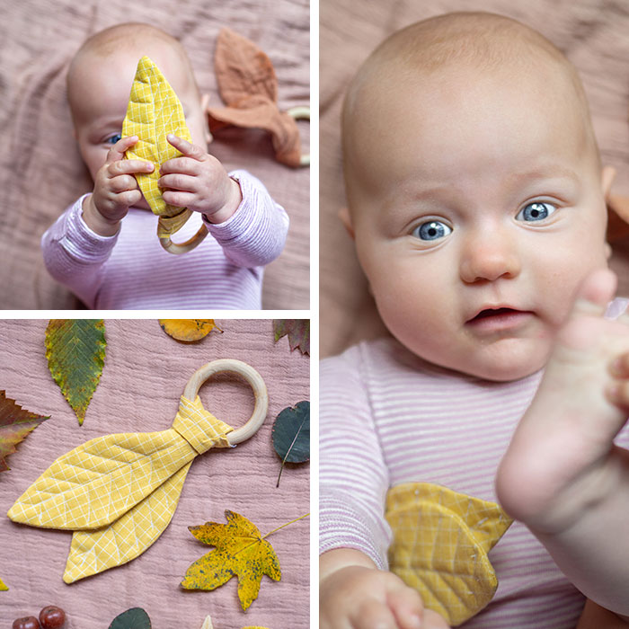 Dieser Stoff-Greifling im Herbstblätter-Look ist ein tolles DIY Babyspielzeug zum Verschenken. Mit meiner Vorlage zum Download und der Nähanleitung ist das kleine Geschenk im Nu genäht.