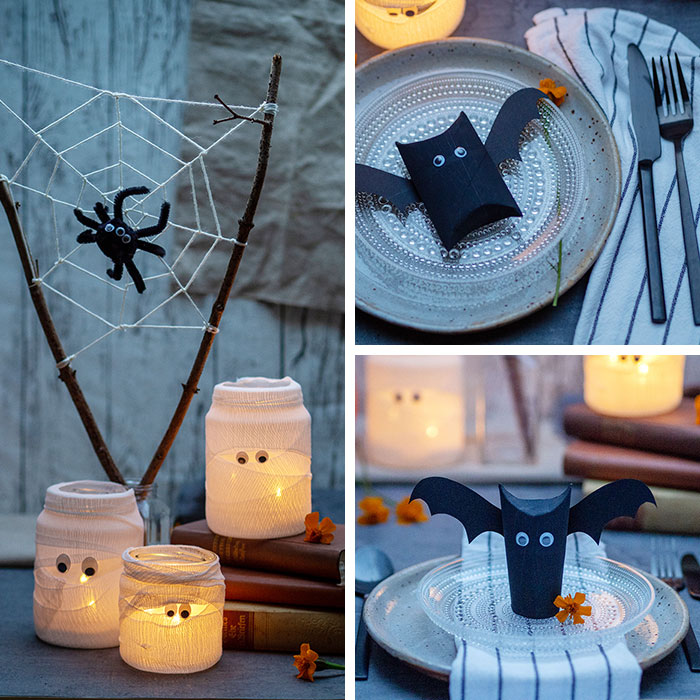 Ich zeige dir, wie du Last-Minute eine tolle DIY Halloween-Tischdekoration basteln kannst. Für Fledermaus und Spinnennetz hast du bestimmt alle Materialien schon im Haus. Viel Spaß beim Nachbasteln.