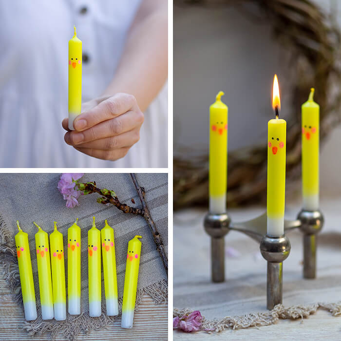 Diese einfache Deko-Idee für DIY Küken Kerzen zu Ostern ist ganz leicht nachzumachen. Tauche weiße Kerzen in gelbe Farbe und male ein Gesicht auf – fertig ist das Küken! Anleitung auf johannarundel.de.