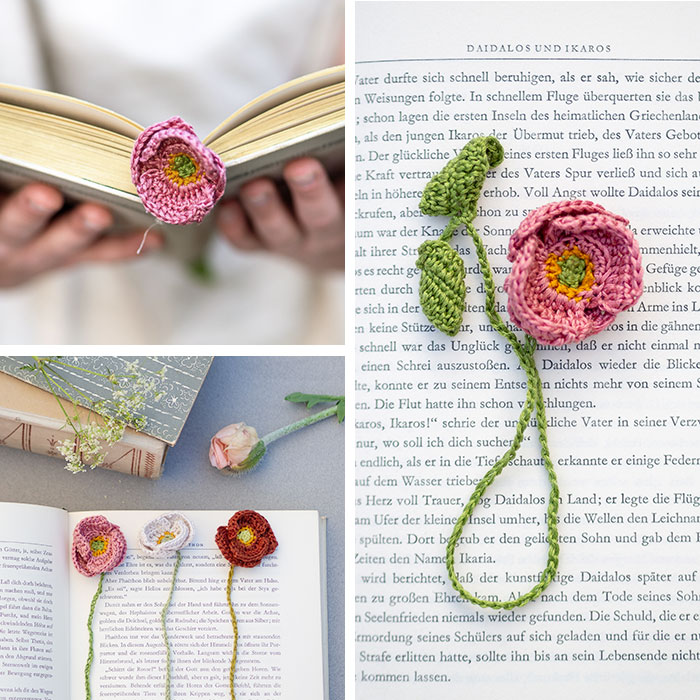 Diese ganz einfache gehäkelte Mohnblume gibt mit ihrem langen Stiel ein tolles Lesezeichen ab. Das ideale Geschenk für alle Leseratten und Blumen-Fans! Anleitung auf johannarundel.de