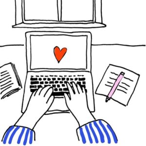 Handgezeichnet: zwei Hände die auf einem Laptop tippen auf dem ein Herz zu sehen ist.