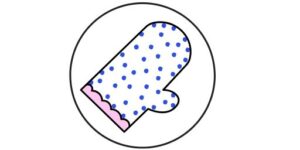 Icon für die Blog-Kategorie "Rezepte". Ein schwarz/weiss gezeichneter Topfhandschuh mit blauen Punkten und einer rosa Bordüre.